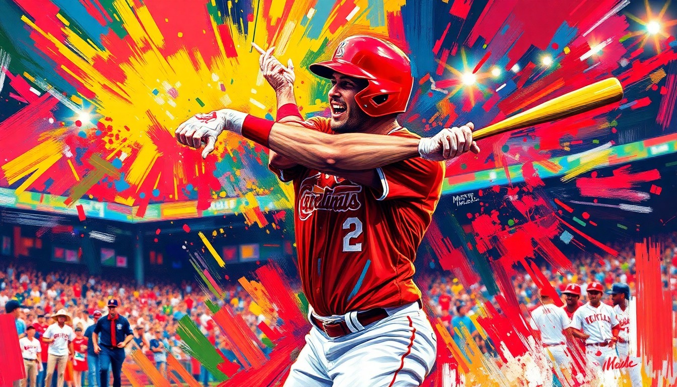 An abstract expressionist painting in vibrant neon colors, with rapid brushstrokes capturing the dynamic motion and energy of a baseball player hitting a game-winning hit.