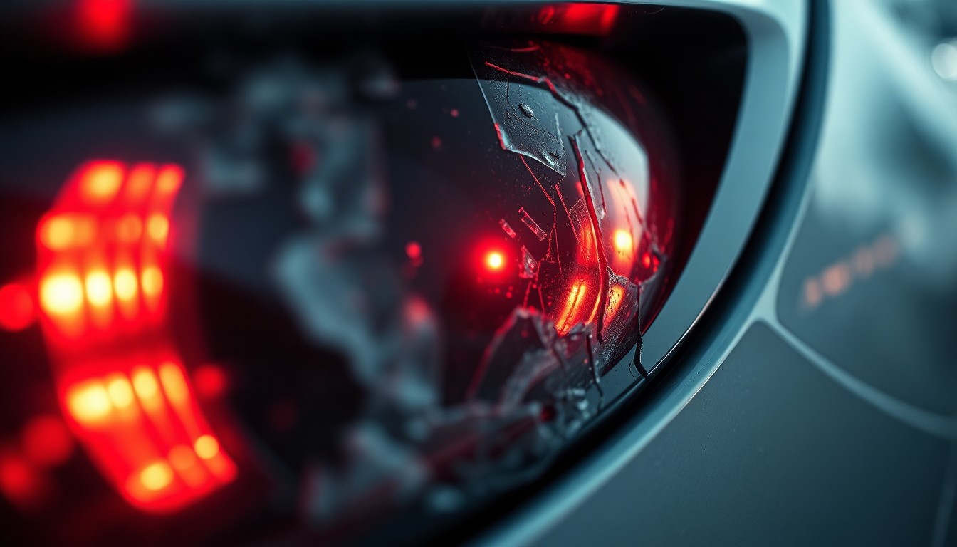 An extreme close-up of a shattered car sensor lens reflecting a faint red light, conceptually illustrating the vandalism of self-driving cars.