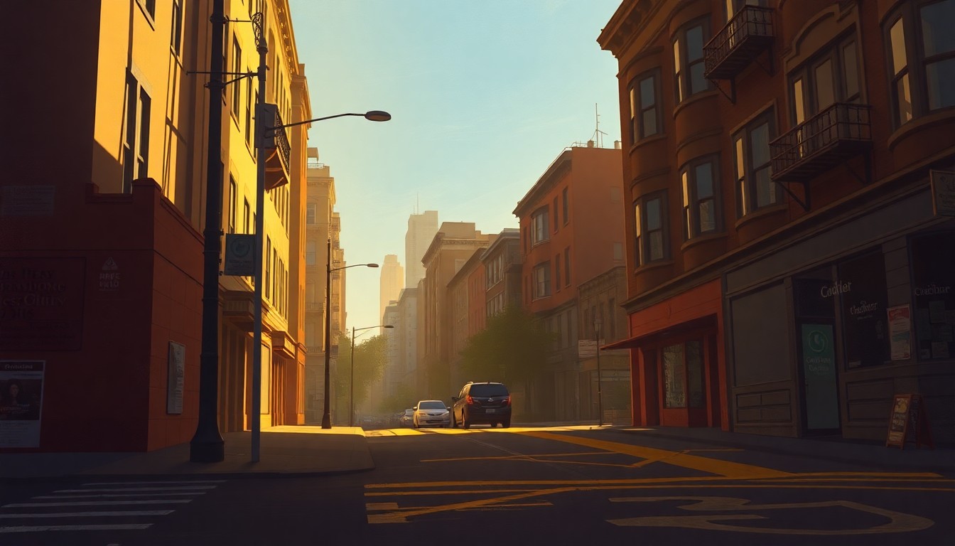 A serene, cinematic painting of a deserted San Francisco street corner, with warm sunlight casting long shadows and a sense of urban melancholy permeating the scene.
