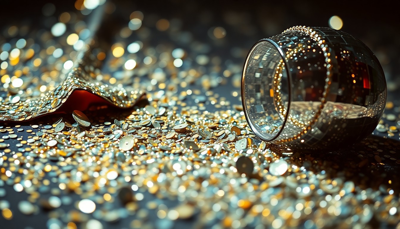 An extreme close-up of shimmering, glittering sequins and shards of reflective glass, captured in dramatic studio lighting to create a high-fashion, glamorous aesthetic that conceptually represents the challenges facing international musicians touring the United States.