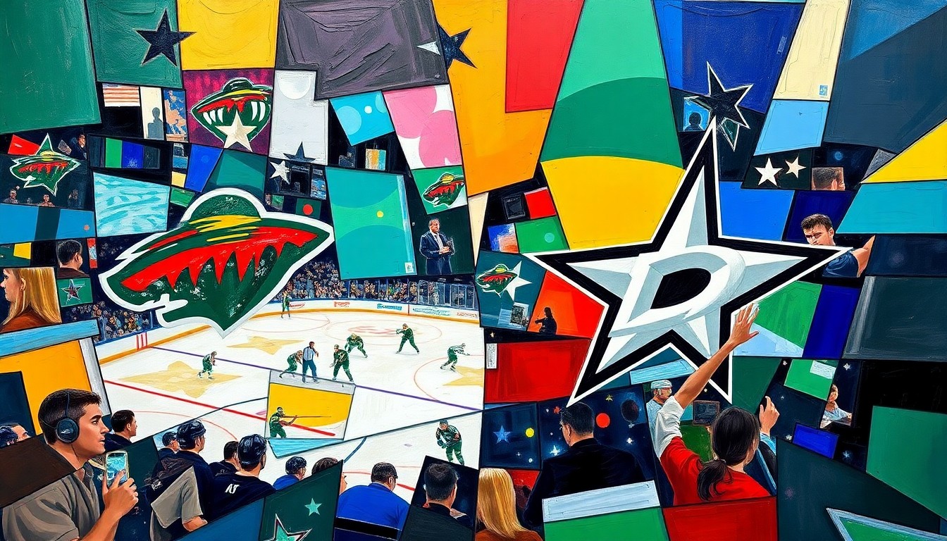 A cubist, fragmented painting depicting a hockey game between the Minnesota Wild and Dallas Stars, with the players and action broken down into sharp, overlapping geometric shapes and planes in the teams' official colors.
