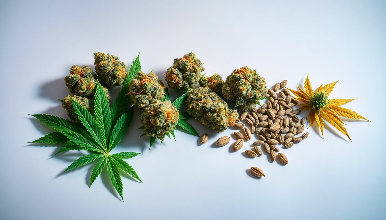 A photorealistic studio still-life featuring a collection of premium, polished cannabis buds, leaves, and seeds arranged elegantly on a clean, monochromatic background, conceptually representing the supply and demand dynamics in the state's marijuana industry.