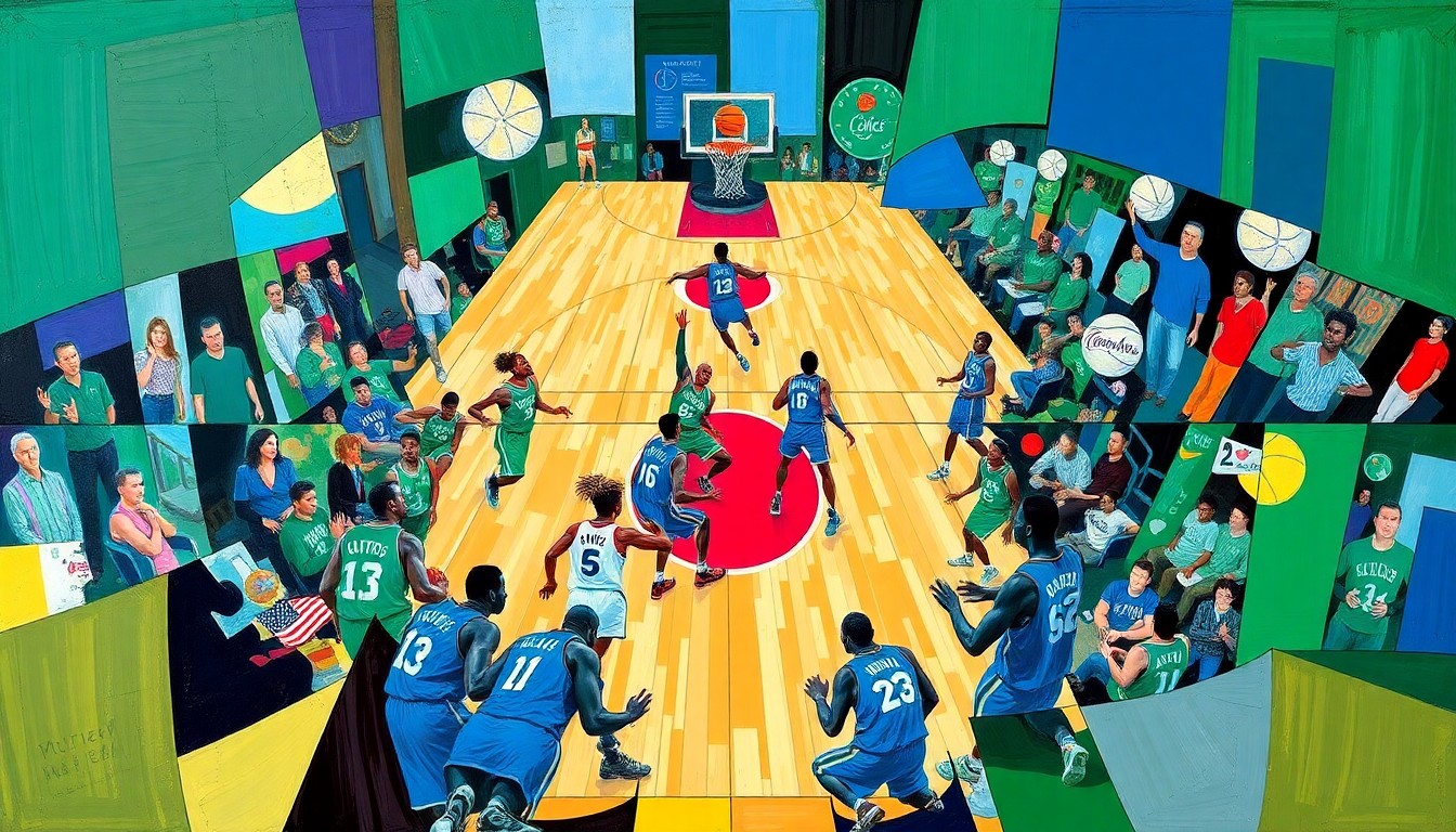 A cubist, geometric painting depicting a basketball game, with sharp, overlapping planes of green and blue representing the Celtics and 76ers uniforms, respectively.