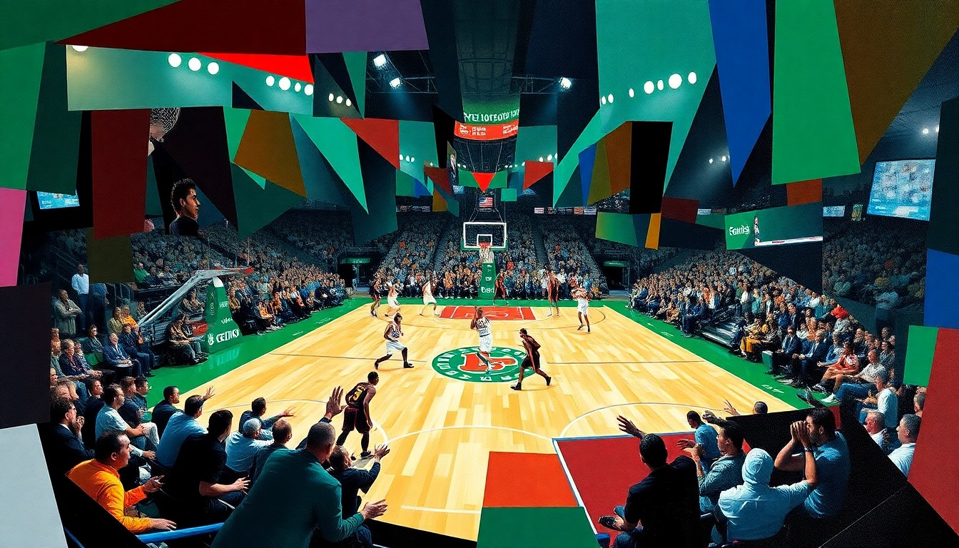 A cubist-style painting depicting a basketball game between the Boston Celtics and Philadelphia 76ers, with the players' movements and the intensity of the game captured through sharp, overlapping geometric planes and the teams' official colors used to distinguish the two sides.