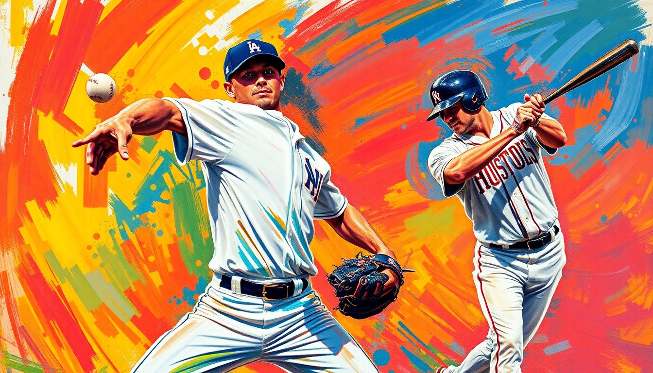 An abstract, energetic painting with swirling brushstrokes of neon green, orange, and blue, capturing the dynamic motion and intensity of a baseball game.