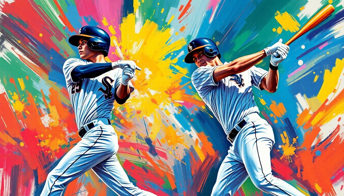 An abstract, expressionist painting in vibrant neon colors depicting the explosive, powerful swings of two baseball players hitting home runs, their forms dissolving into energetic brushstrokes.