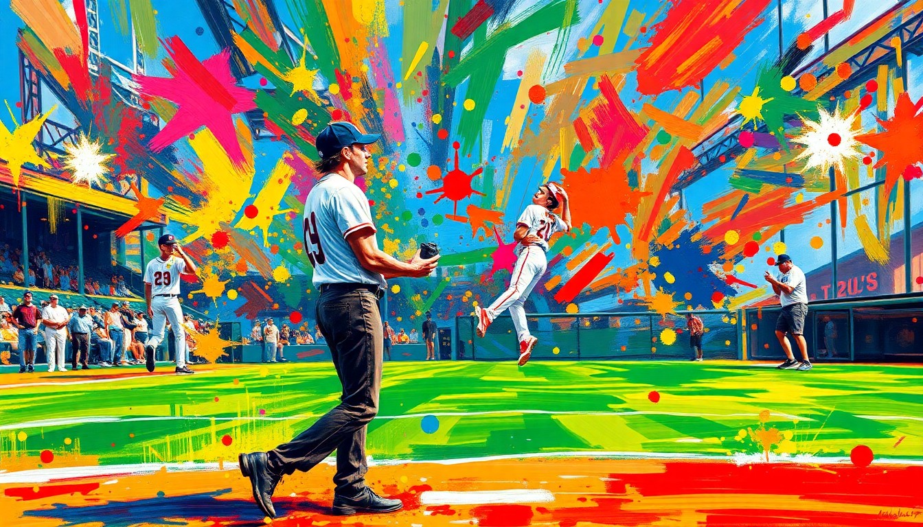 An abstract expressionist painting in vibrant neon colors, with rapid brushstrokes capturing the raw emotion and energy of a baseball player proposing to his girlfriend on the field.