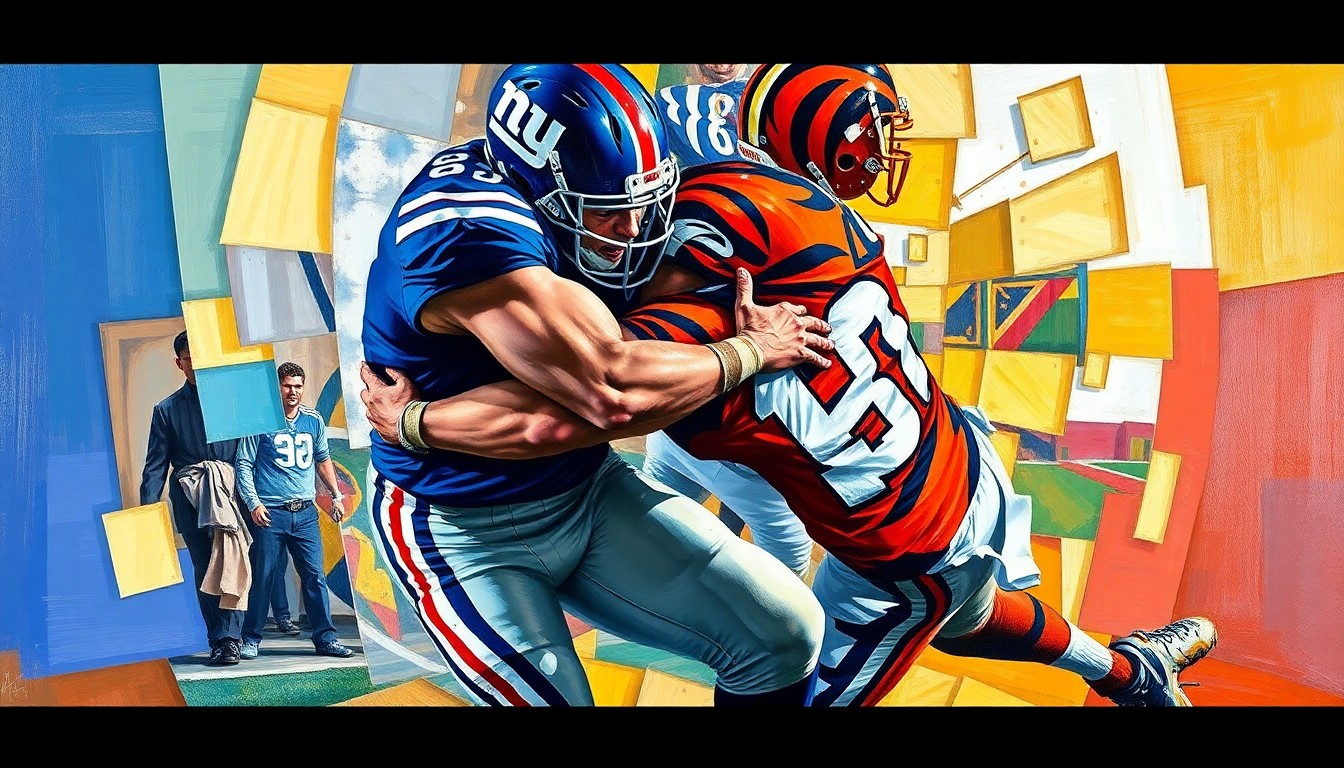 A cubist, geometric painting depicting the fractured, multi-angled movements of a football player making a tackle, with the vibrant colors of the Giants and Bengals uniforms visible in the abstract shapes.