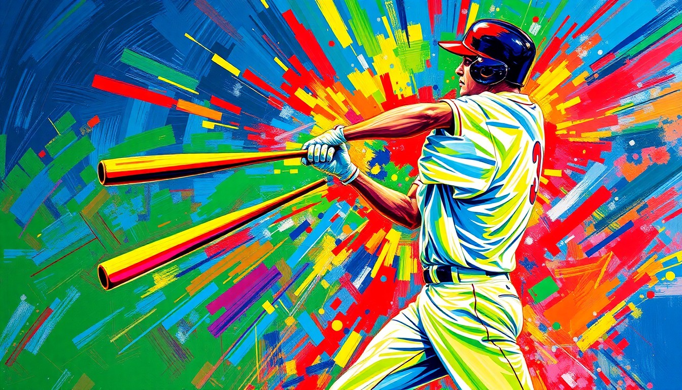 An abstract, energetic painting with bold brushstrokes and neon colors depicting the explosive power and motion of a baseball player swinging the bat and hitting a home run.