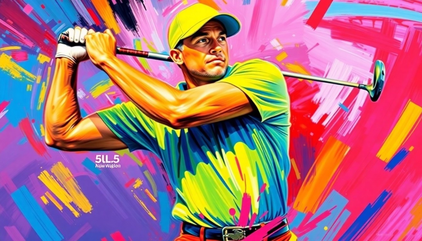 An abstract, expressionist painting in vibrant neon colors depicting the powerful golf swing motion of a professional golfer, capturing the raw athletic energy of the sport.