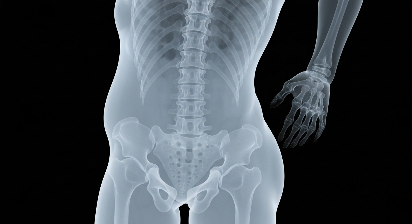 A ghostly, translucent X-ray photograph showing the intricate structure of a human spine, conveying the restorative power of yoga for the body and mind.