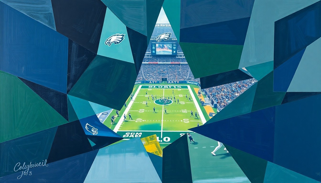 A fragmented, cubist-style painting depicting an abstract football game or draft event, with sharp geometric shapes in navy, green, and gray overlapping to create a sense of motion and energy.