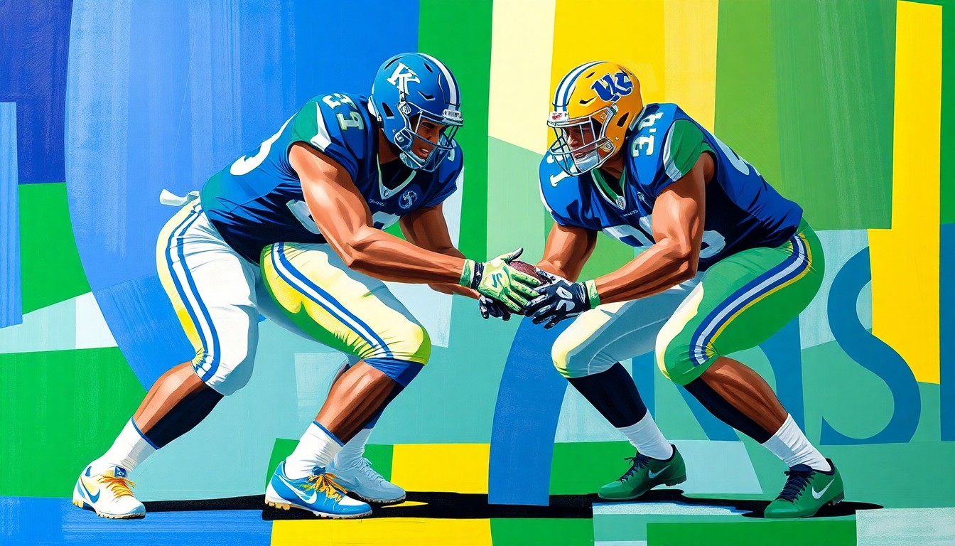 A cubist, geometric painting depicting an offensive lineman engaged in a blocking play, with sharp, overlapping planes of blue, green, and gold representing the University of Kentucky colors.