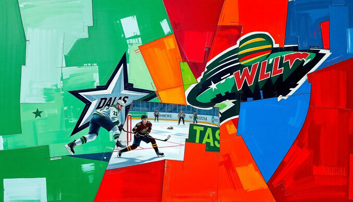 A fractured, multi-perspective painting breaking down a hockey game between the Dallas Stars and Minnesota Wild into sharp, overlapping geometric planes of vibrant green, blue, and red colors.