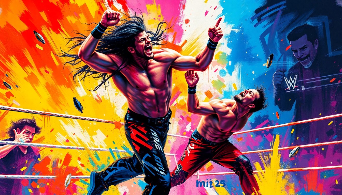 A vibrant, expressionist painting depicting the chaotic scene of Danhausen and The Miz in the wrestling ring, with Danhausen performing the iconic Five Knuckle Shuffle move on The Miz, surrounded by a swirl of neon colors and energetic brushstrokes.