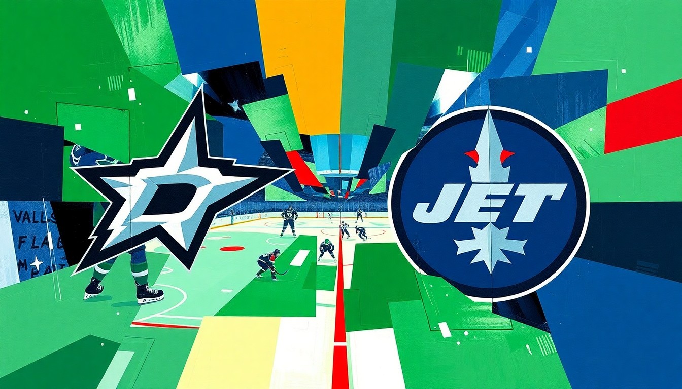 A fractured, cubist-style painting depicting a hockey game between the Dallas Stars and Winnipeg Jets, with sharp geometric shapes and planes in the teams' official colors representing the intensity of the playoff matchup.