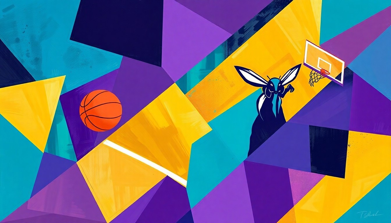 A cubist, geometric painting depicting a Hornets basketball game, with sharp, overlapping planes of teal, purple, and gold colors representing the dynamic action on the court.
