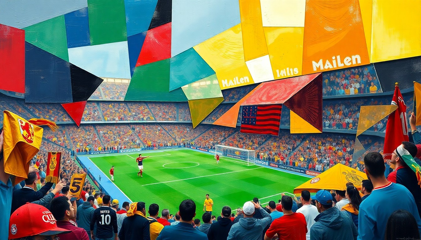 A fragmented, geometric painting depicting a soccer match or crowd of fans, rendered in a cubist style with sharp, overlapping planes of bright colors and metallic accents, conveying the complex interplay between global sports and local infrastructure.