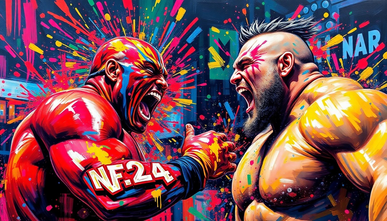 An abstract, expressionist painting in vibrant neon colors, capturing the raw energy and intensity of the WrestleMania 42 match between Oba Femi and Brock Lesnar, with their figures dissolving into unrecognizable splatters of paint.