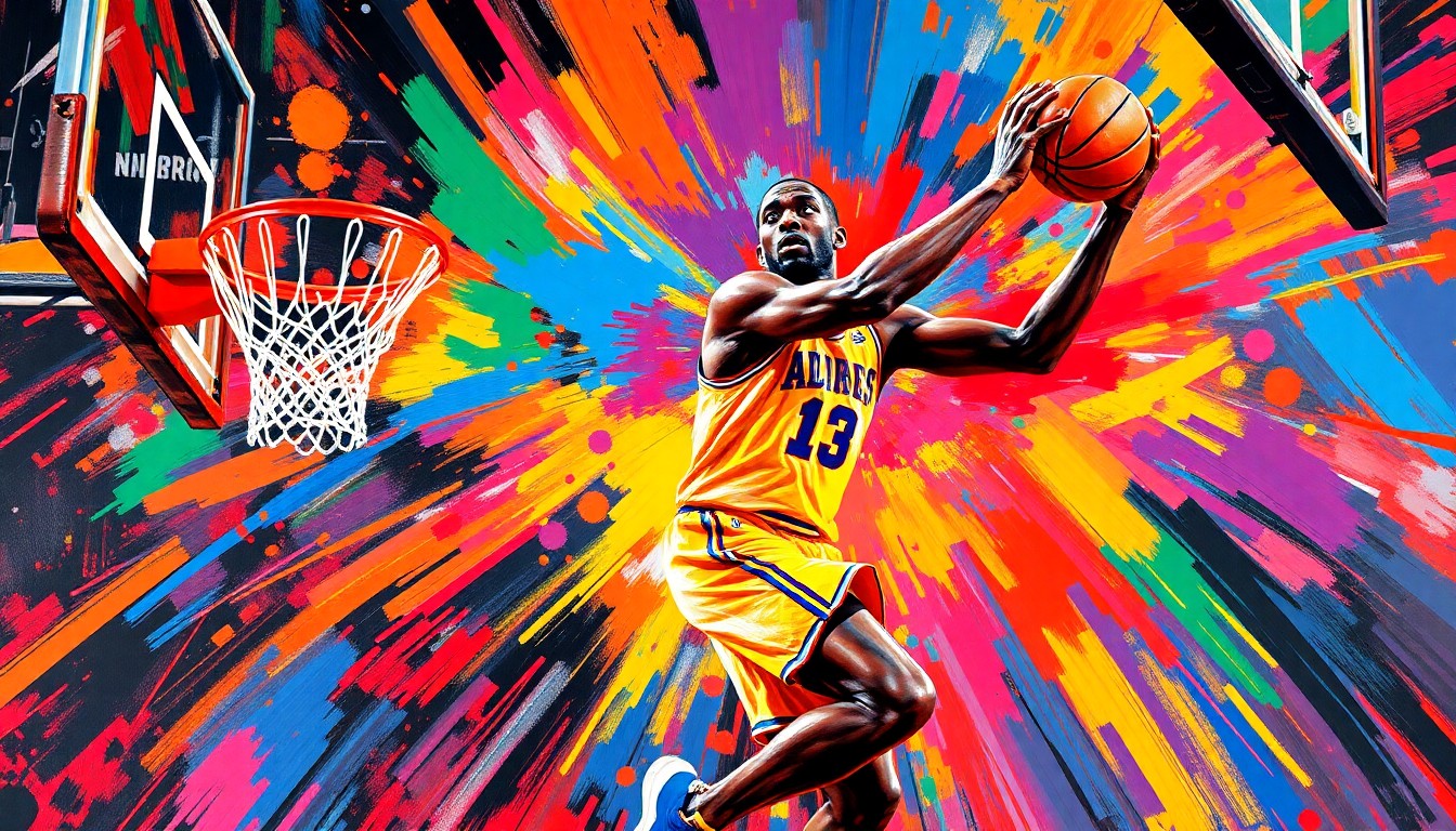 An abstract, energetic painting featuring bold brushstrokes of neon orange, electric blue, and vibrant pink, capturing the dynamic motion and intensity of a basketball player in action.