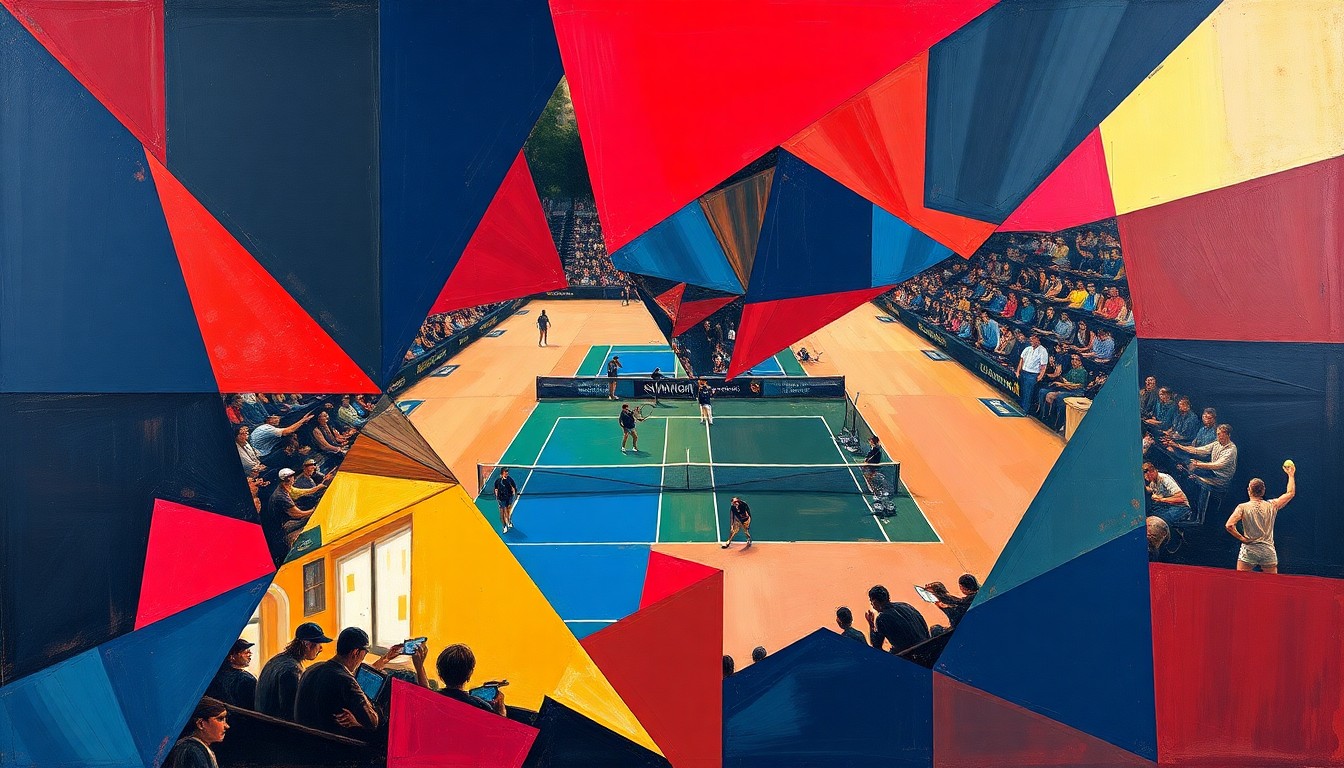 A fragmented, geometric painting depicting the dynamic movements and energy of a tennis match, with sharp planes of color and overlapping perspectives creating a sense of motion and intensity.