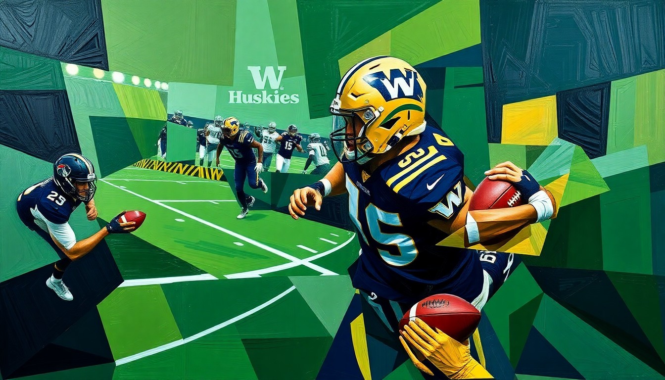 A fragmented, cubist-style painting depicting the geometric shapes and planes of a college football player in motion, with the colors of the University of Washington Huskies predominant, conceptually representing the lasting impact of Doug Martin's career.