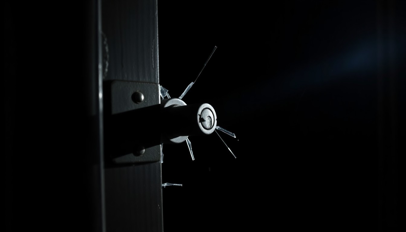 An extreme close-up photograph of a broken window lock, lit by a harsh, direct camera flash against a pitch-black background, conveying a stark, gritty, investigative aesthetic about a recent spate of home burglaries in the San Fernando Valley.