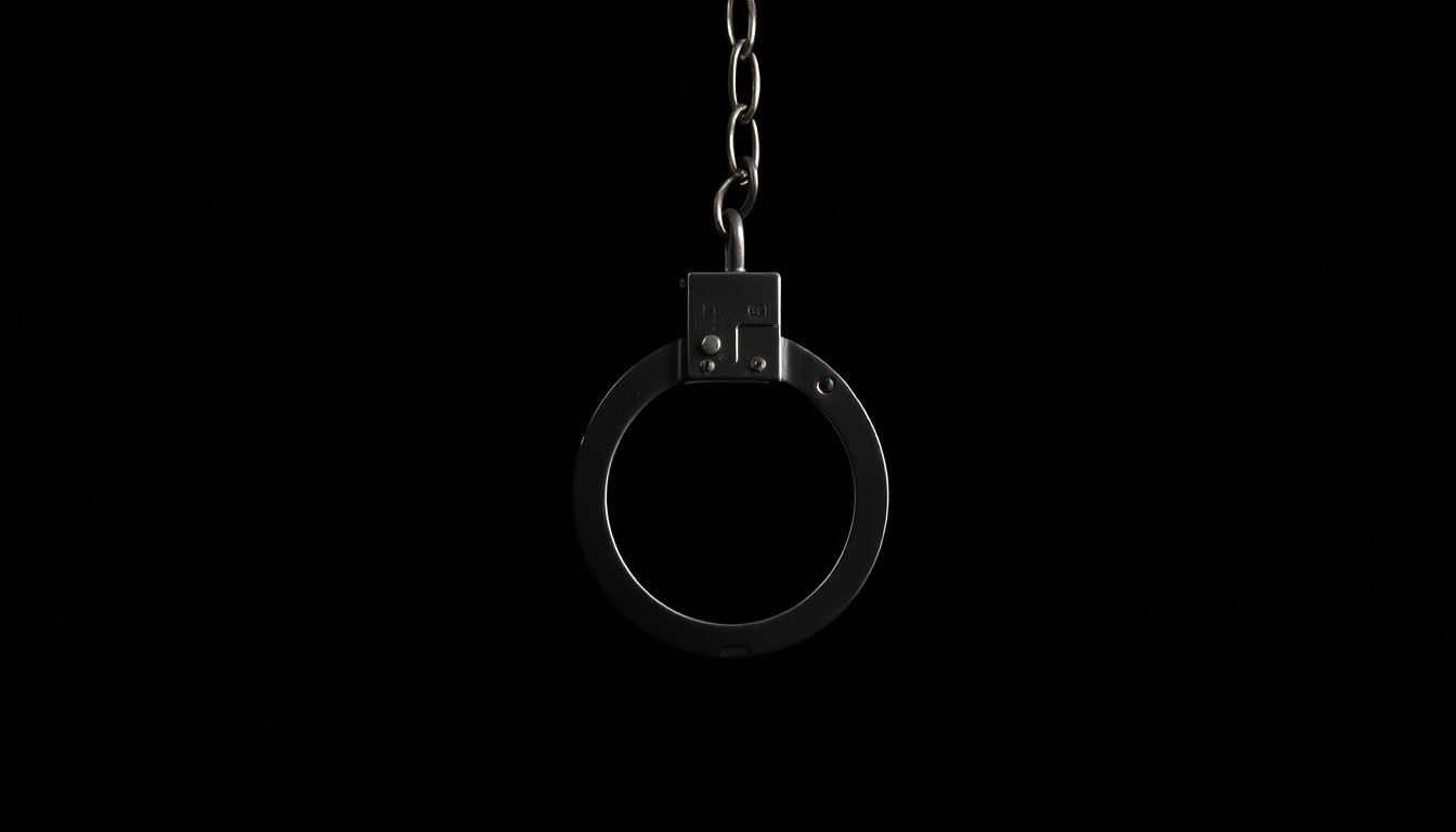 An extreme close-up photograph of a single handcuff against a pitch-black background, lit by a harsh, direct camera flash, conceptually representing the urgency and investigation surrounding the missing teens.