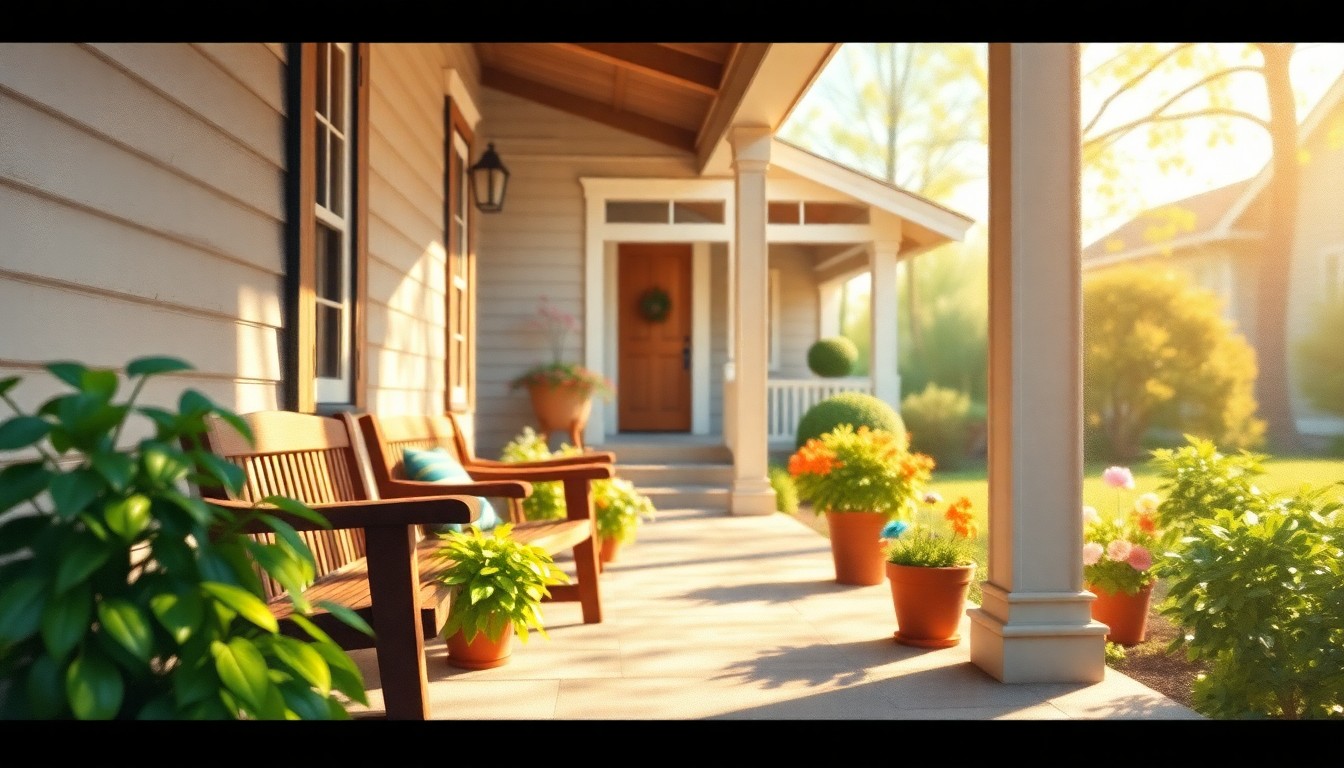 A blurred, impressionistic photograph showing the warm, inviting front porch of a charming craftsman-style home, with a wooden bench, potted plants, and the home's exterior visible in the background, all captured in a soft, dreamy light.