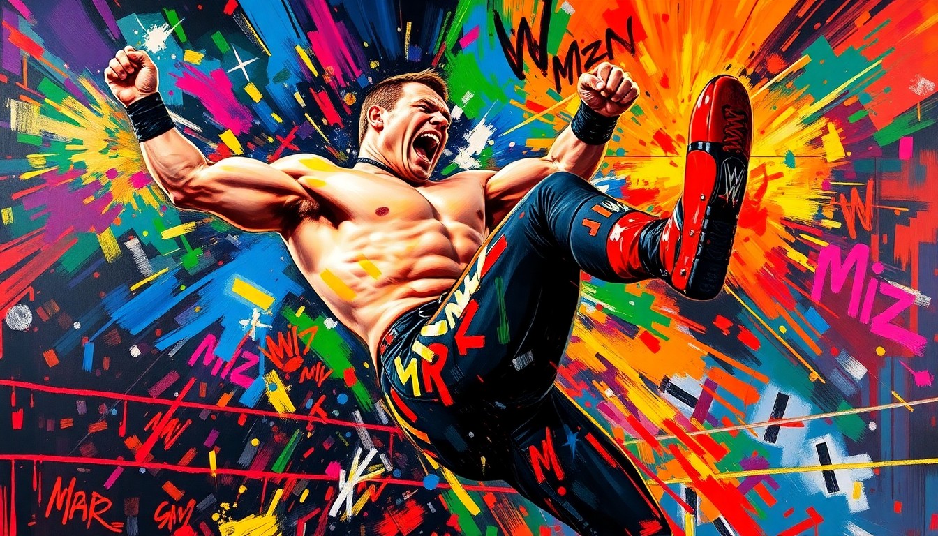 An abstract, energetic painting featuring bold brushstrokes in neon colors, capturing the dynamic movement and collision of two wrestling figures in an intense moment of action.
