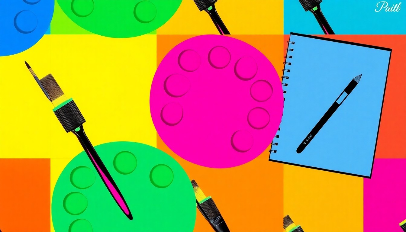 A brightly colored, high-contrast silkscreen print of various art supplies like paintbrushes, palettes, and sketchbooks repeated in a tight grid pattern, capturing the vibrant, playful spirit of the 626 Art Studio's creative offerings.