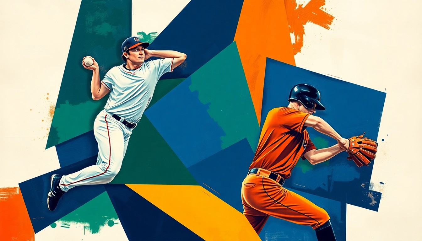 A fragmented, geometric painting depicting the motion and energy of a baseball pitcher's delivery and a batter's swing, with overlapping planes of navy, green, and orange colors.