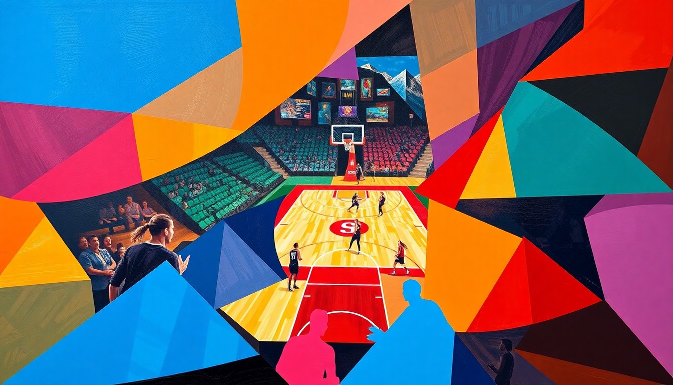 A cubist, geometric painting depicting a WNBA basketball game in motion, with the players and court broken down into sharp, overlapping planes of color representing the Phoenix Mercury's team colors.