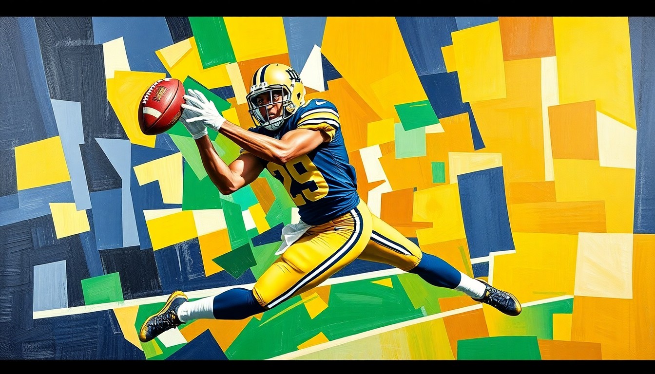 A fractured, cubist-style painting depicting a wide receiver making a catch, with sharp geometric planes in the colors of the Notre Dame Fighting Irish team, conceptually representing the program's efforts to land elite offensive talent.