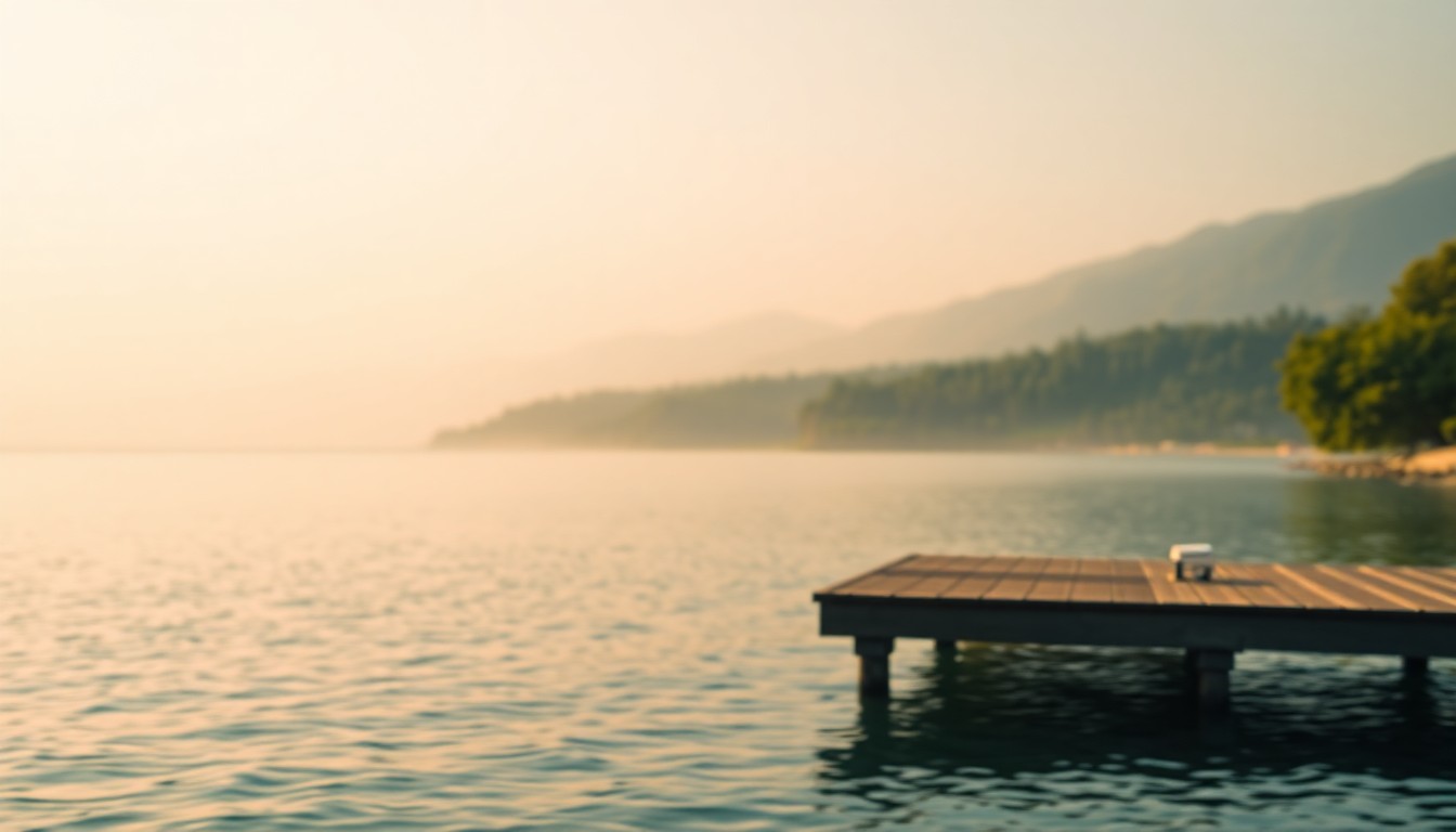 A blurred, impressionistic photograph showing the outline of a wooden dock, lush greenery, and distant mountains, conveying a sense of peaceful waterfront living.