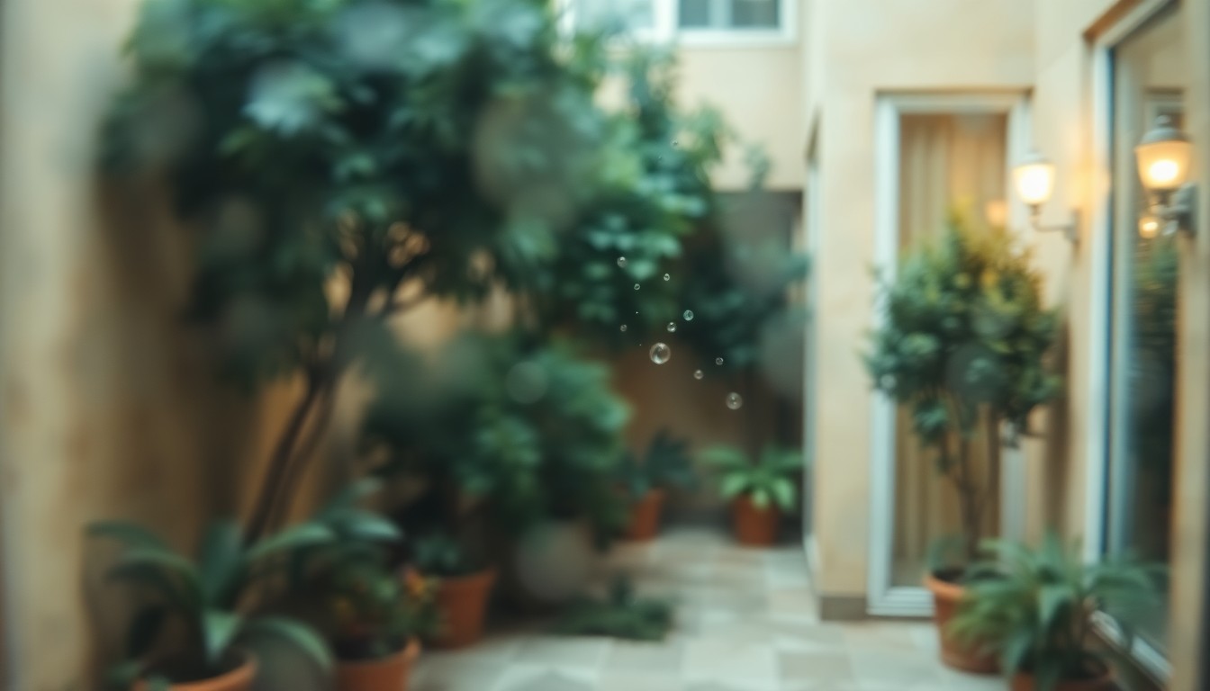 An impressionistic, out-of-focus photograph depicting a lush, green courtyard with soft, warm lighting, conveying a sense of peaceful urban living.