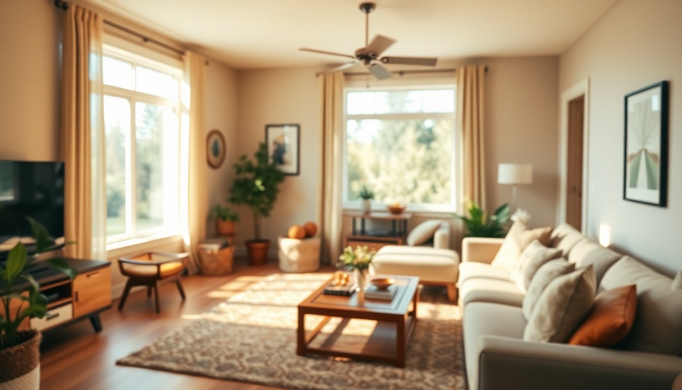 An extremely abstracted, out-of-focus photograph of a warm, sun-filled living room, with soft pools of light and color creating a cozy, inviting atmosphere.