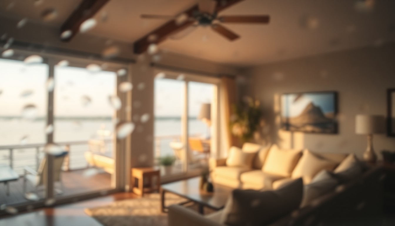 An abstracted, out-of-focus scene of a cozy living room with warm, muted colors and soft pools of natural light, conveying the peaceful atmosphere of a waterfront home.