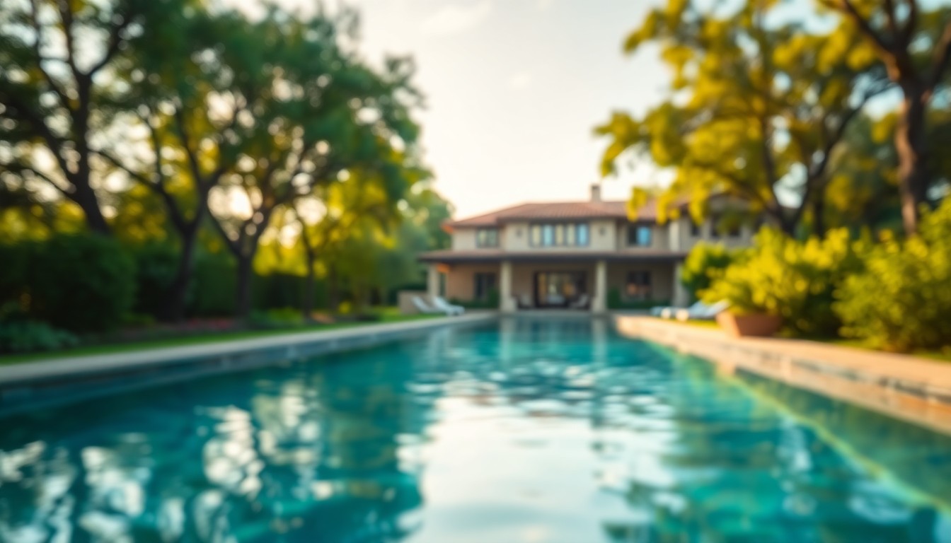 A softly focused, impressionistic scene of a sparkling pool surrounded by lush greenery, with the faint outline of a modern mansion in the background, conveying a sense of tranquility and luxury.