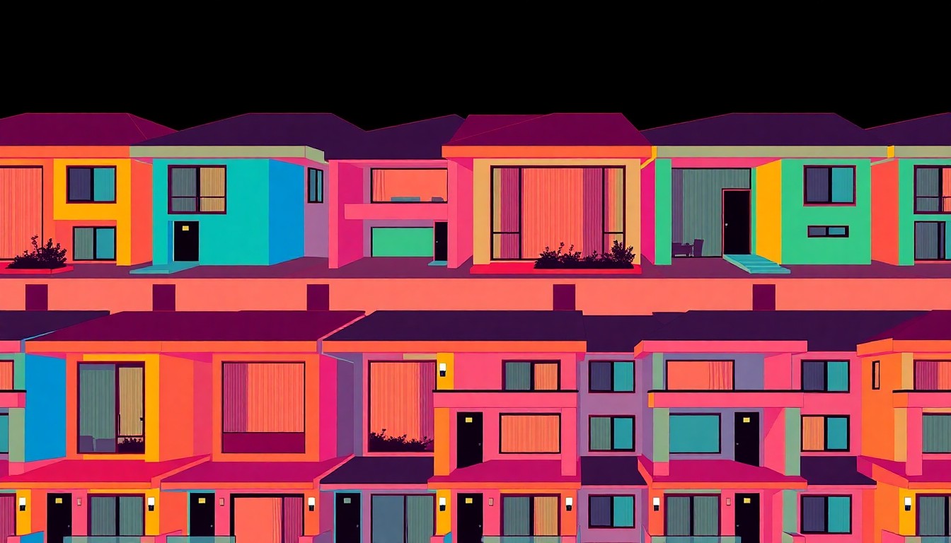 A highly stylized, abstract silkscreen print featuring a repeated image of a modern two-story home exterior in vibrant neon colors, conceptually representing the flexibility and income opportunities of this property.