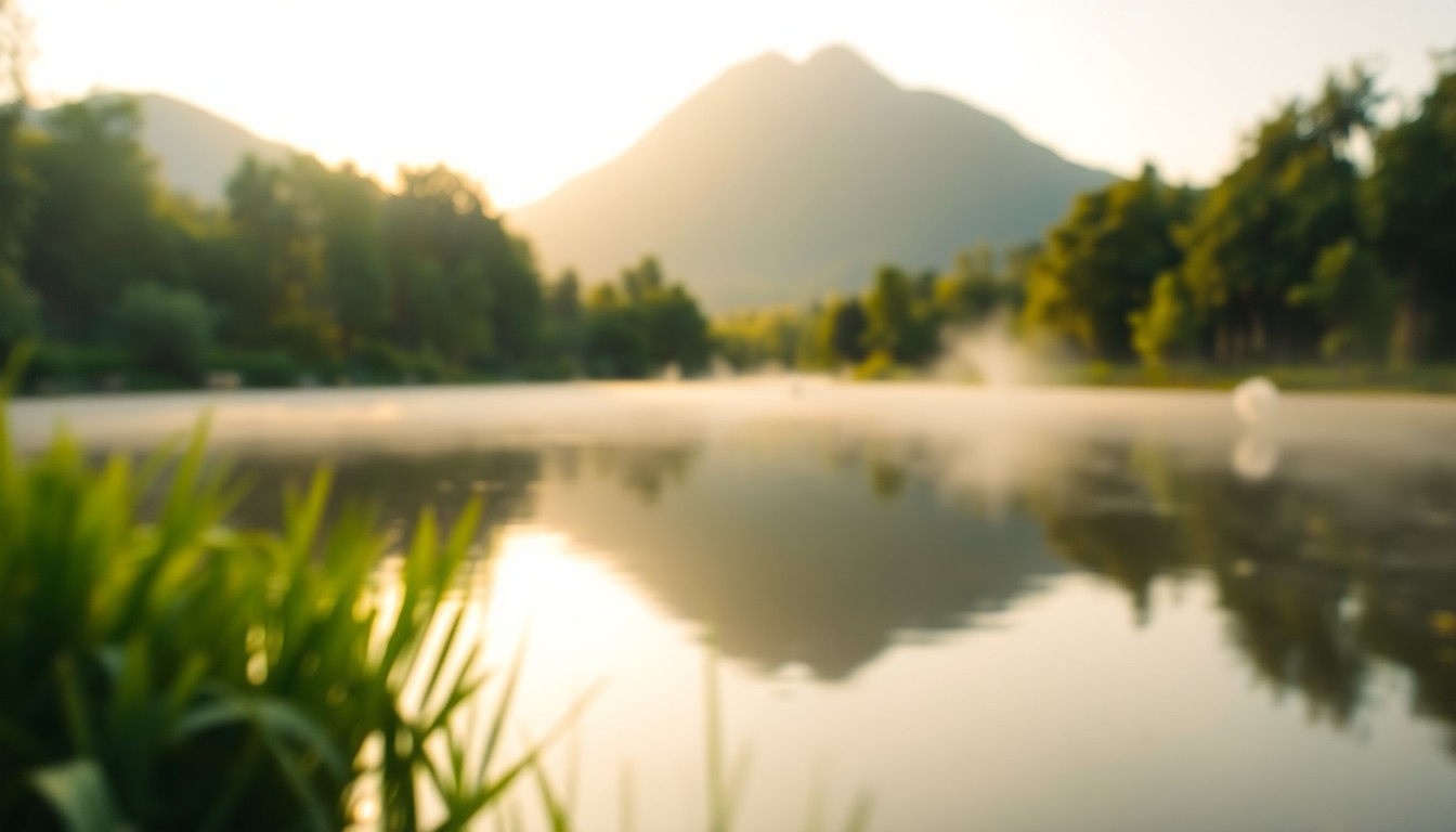 A blurred, impressionistic photograph of a serene pond surrounded by greenery, with the outline of a large mountain visible in the distance, conveying a sense of tranquility and natural beauty.