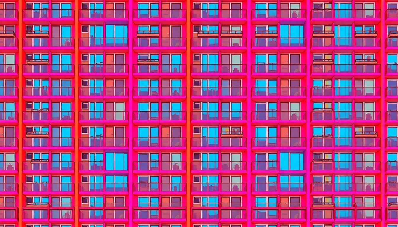 A bold, abstract silkscreen illustration featuring a repeated pattern of a luxury condominium building facade in vibrant neon pink, electric blue, and metallic gold, conveying the property's modern, high-end aesthetic.