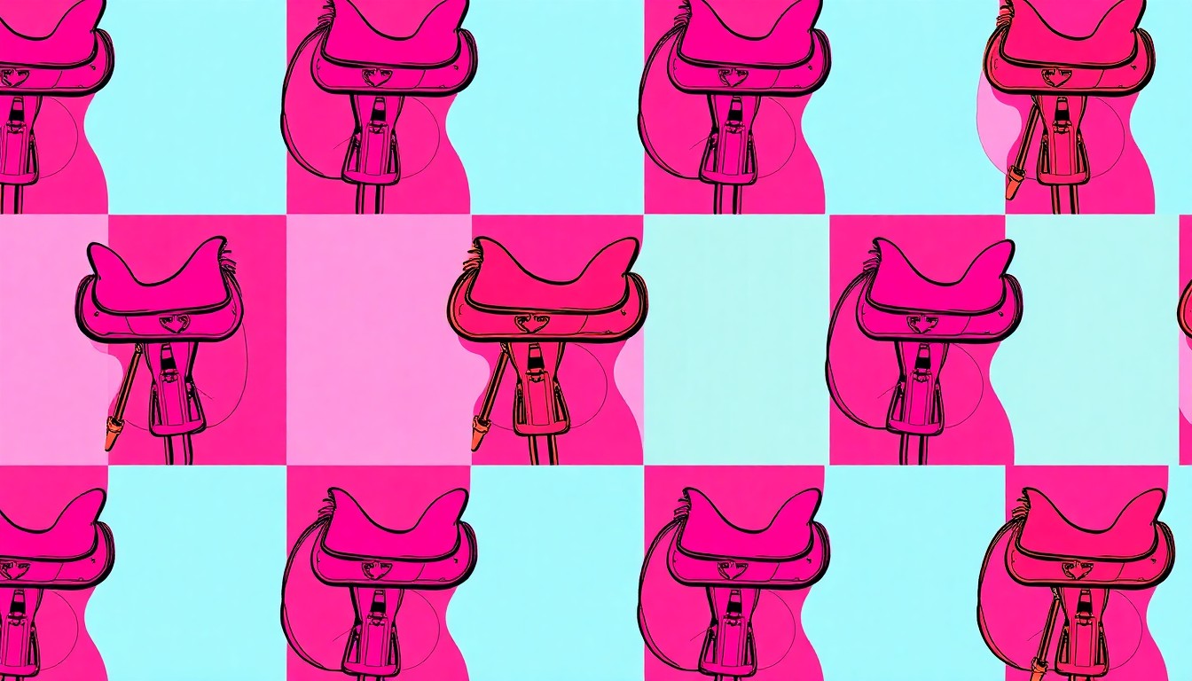 A high-contrast, silkscreen-style illustration featuring a repeated pattern of a single iconic rural object, such as a horse saddle or gardening tool, in a grid of bold, neon colors and heavy black outlines, capturing the lifestyle and amenities of the Snohomish property in a modern, abstract way.