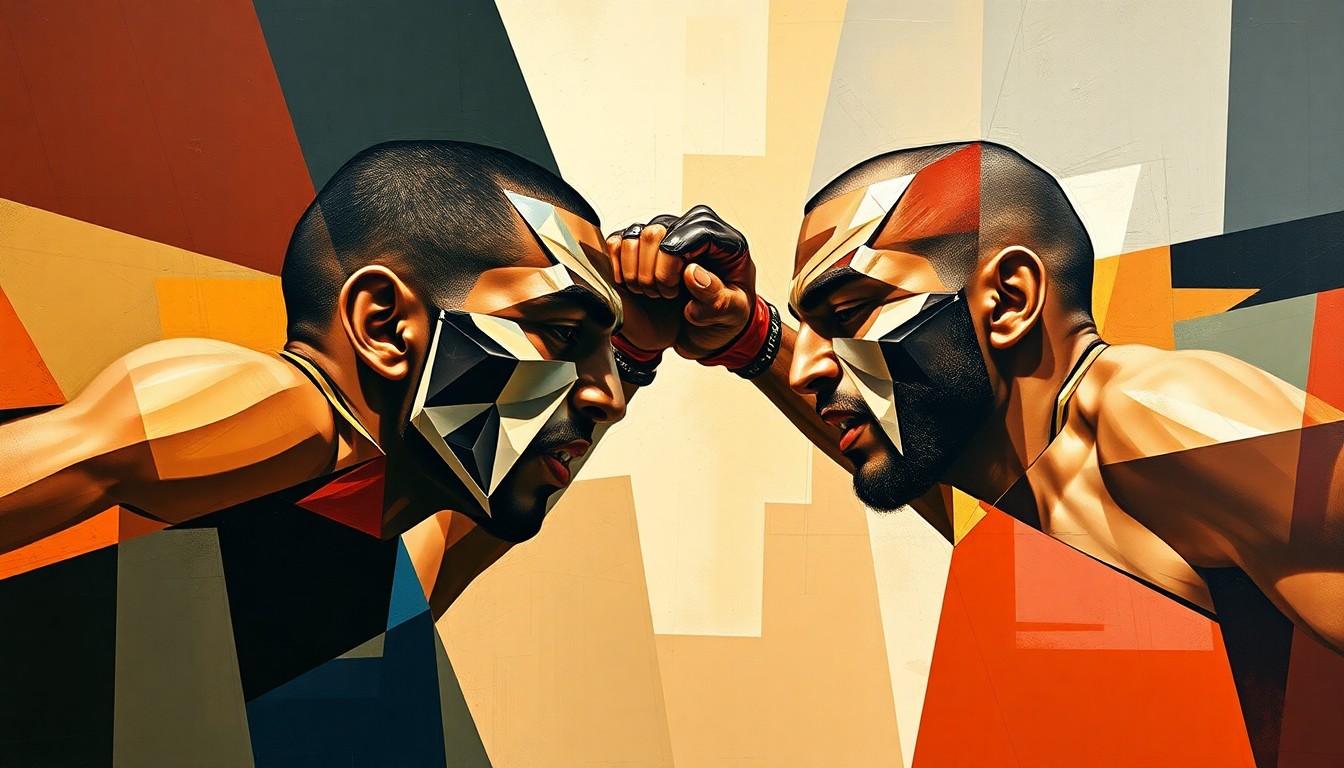 A fragmented, geometric painting depicting the dynamic movements and clashing styles of two UFC featherweight fighters engaged in an intense battle.