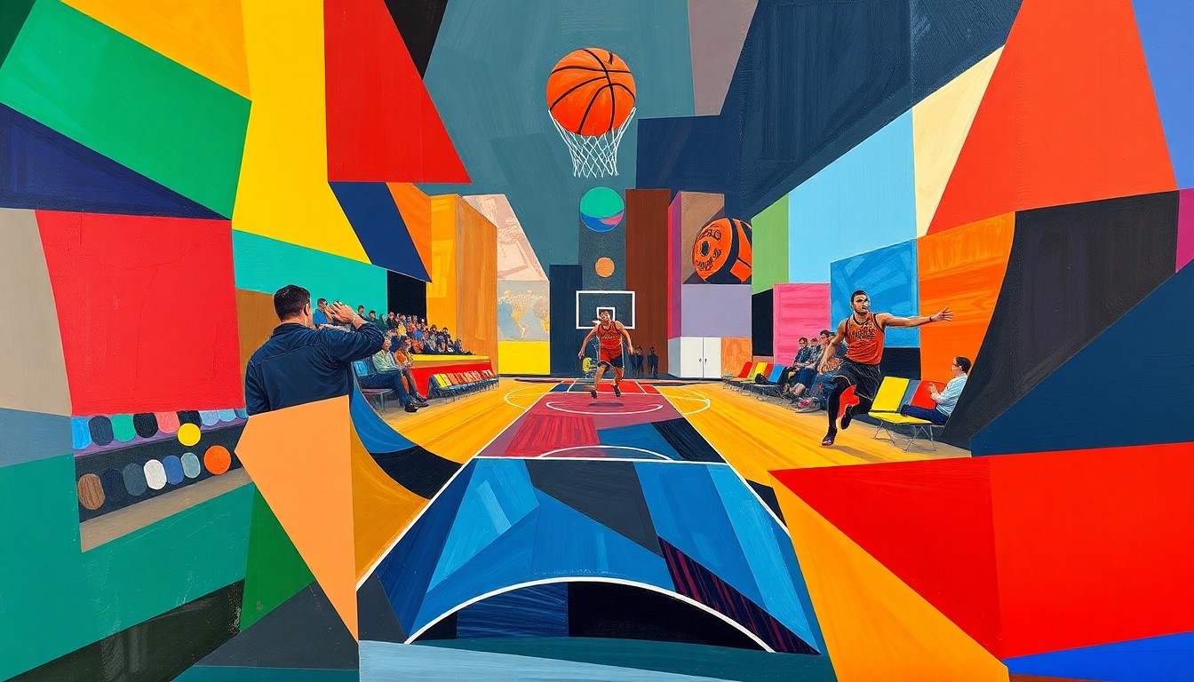 A cubist, geometric painting featuring overlapping planes of the Thunder's blue and orange colors and the Suns' purple and orange, capturing the dynamic action and energy of a basketball game.