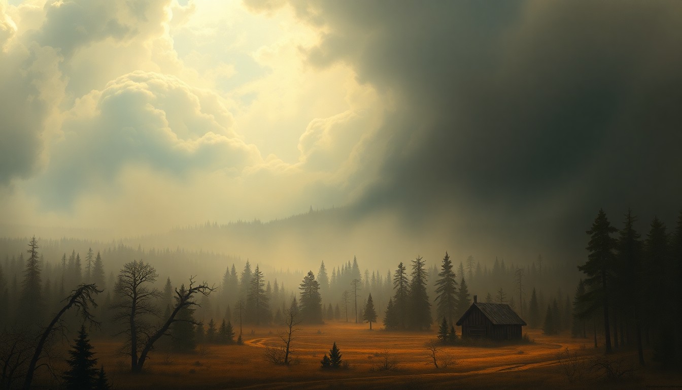 A sweeping, atmospheric landscape painting depicting a hazy, silhouetted Minnesota forest, with the distant shapes of trees and structures barely visible through the thick, oppressive air, conveying the overwhelming scale and power of the natural environment.