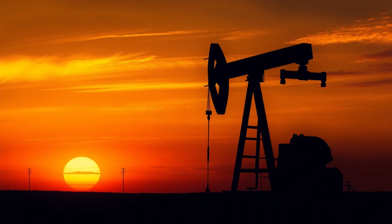 A serene, cinematic painting of an oil pump jack standing alone against a glowing sunset sky, its form casting long shadows across the landscape in muted earth tones, conveying a sense of quiet contemplation around the tensions between environmental concerns and energy security.