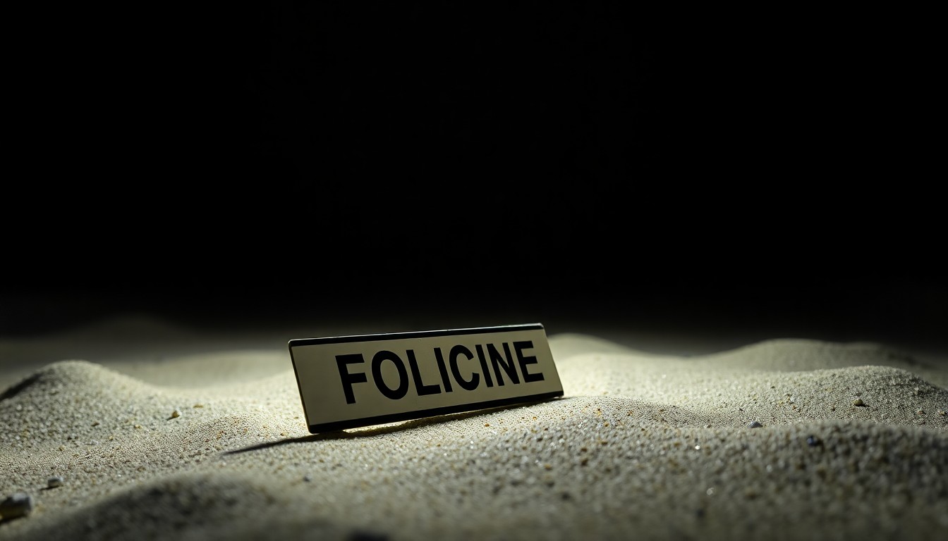 An extreme close-up photograph of a police evidence marker on the sand, lit by a harsh, direct camera flash against a pitch-black background, creating a stark, gritty, investigative aesthetic.