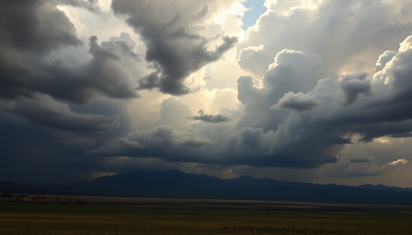 A vast, atmospheric landscape painting in muted tones of grey, blue, and gold, with the distant Sandia Mountains partially obscured by heavy storm clouds. The composition emphasizes the overwhelming scale of the natural world, conveying a sense of the sublime power of the approaching weather system.