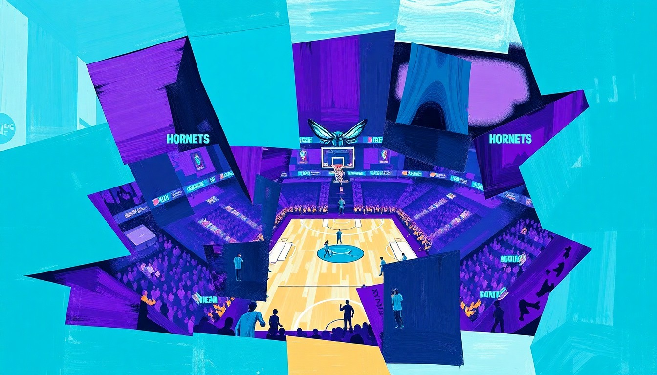 A fractured, cubist-style painting depicting a basketball game in motion, with the players and court broken down into sharp, overlapping geometric shapes in the Hornets' team colors of teal, purple, and white, conveying the physical intensity of playoff basketball.